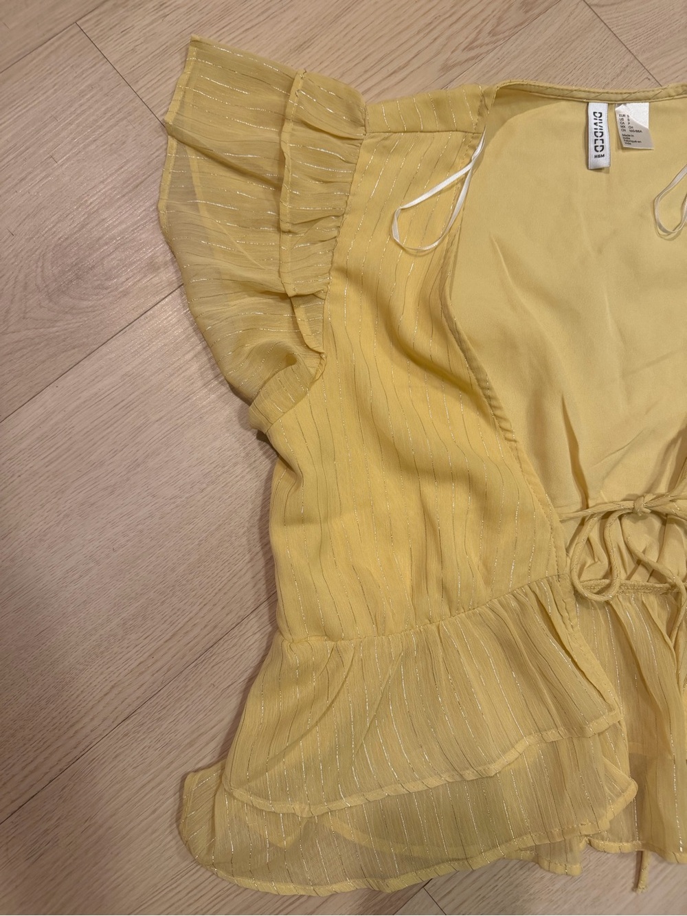 3 for $15 * Divided Yellow Sheer Ruffle Tie-Front Blouse - Picture 3 of 4